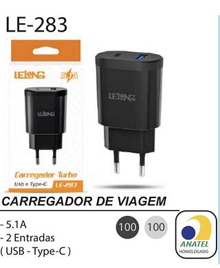 FONTE LELONG TIPO-C USB CARREGADOR DE VIAGEM LE-283 5.1A